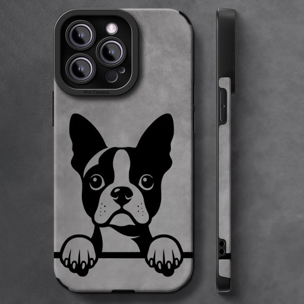 Luxuriöse, stoßfeste Leder-Lammfell-Handyhülle für iPhone 17 16 Pro Max Air 15 14 13 Max Boston Terrier Peek