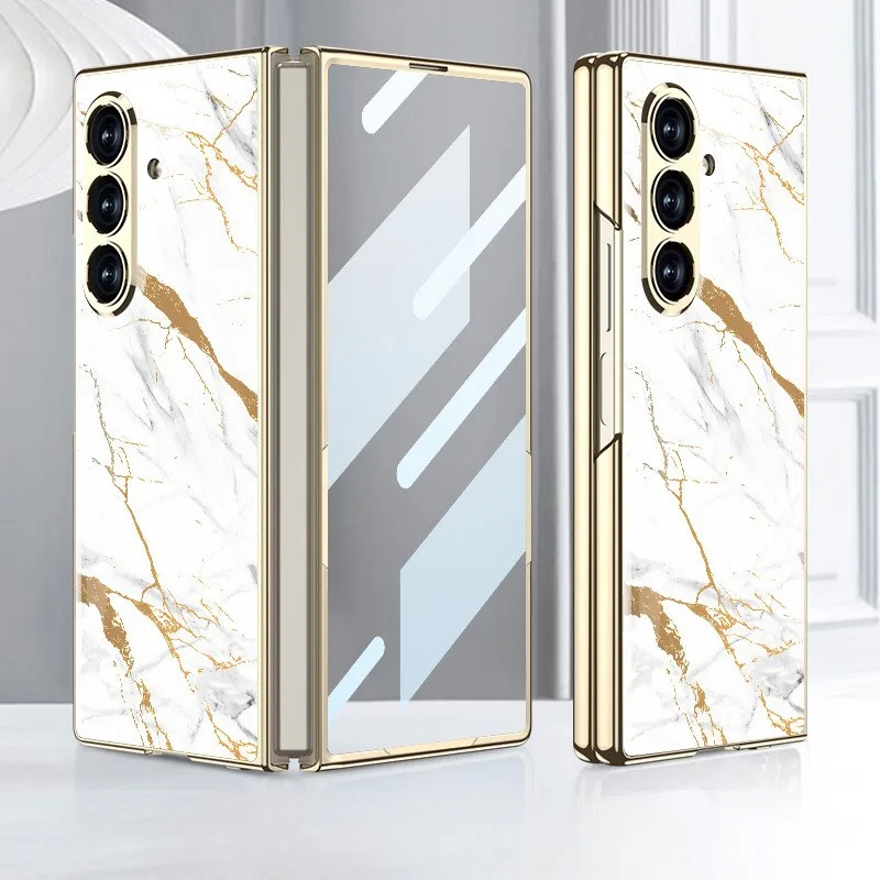 Für Samsung Galaxy Z Fold 7, plattierte Handyhülle aus lackiertem Glas, blau, stoßfeste Handyhülle, integrierter Displayschutz, Capa Funda