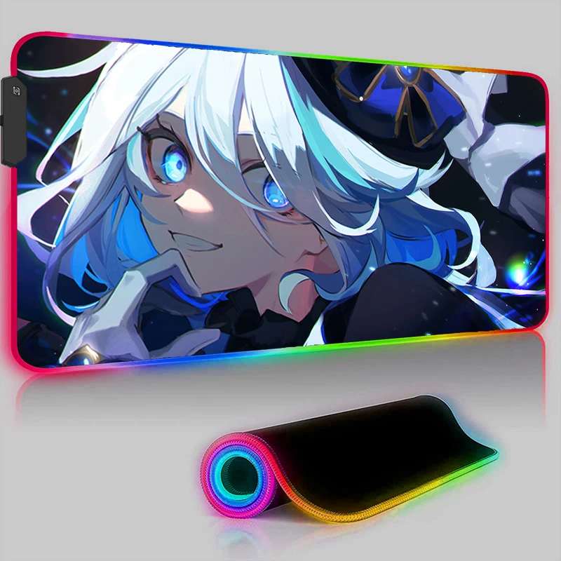 Genshin Impact Furina Anime Mouse Pad LED PC Kawaii Girl Gamer Cabinet Keyboard Pad Mousepad RGB Gaming Accessories XXL Desk Mat