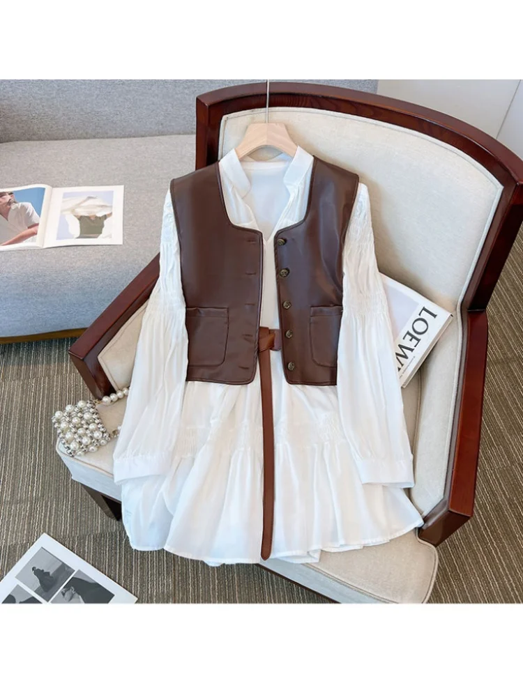 French Early Autumn Maillard Outfit Retro Shirt Dress PU Vest Two-piece Set