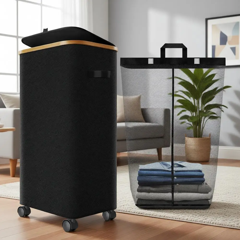 

Rolling 29 Gallon Laundry Hamper with Lid and Bamboo Frame for Bedroom or Dorm - Black