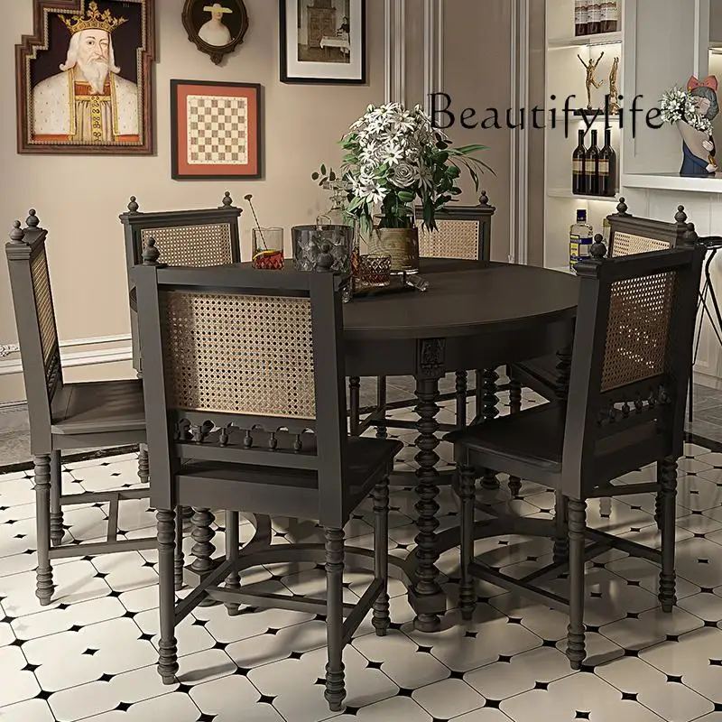 طاولة طعام أمريكية فاخرة من الخشب الصلب وكرسي مجموعة طاولة حديثة وبسيطة منزلية طاولة غربية فرنسية مستديرة