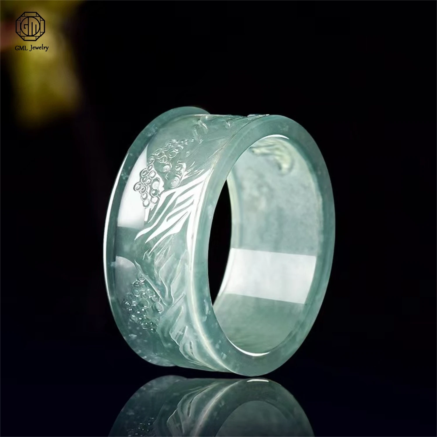 Natural Grade A Jadeite Blue Water Landscape Thumb Ring Ice Translucent Unisex Men Women Couple Gemstone Band Jewelry Gift