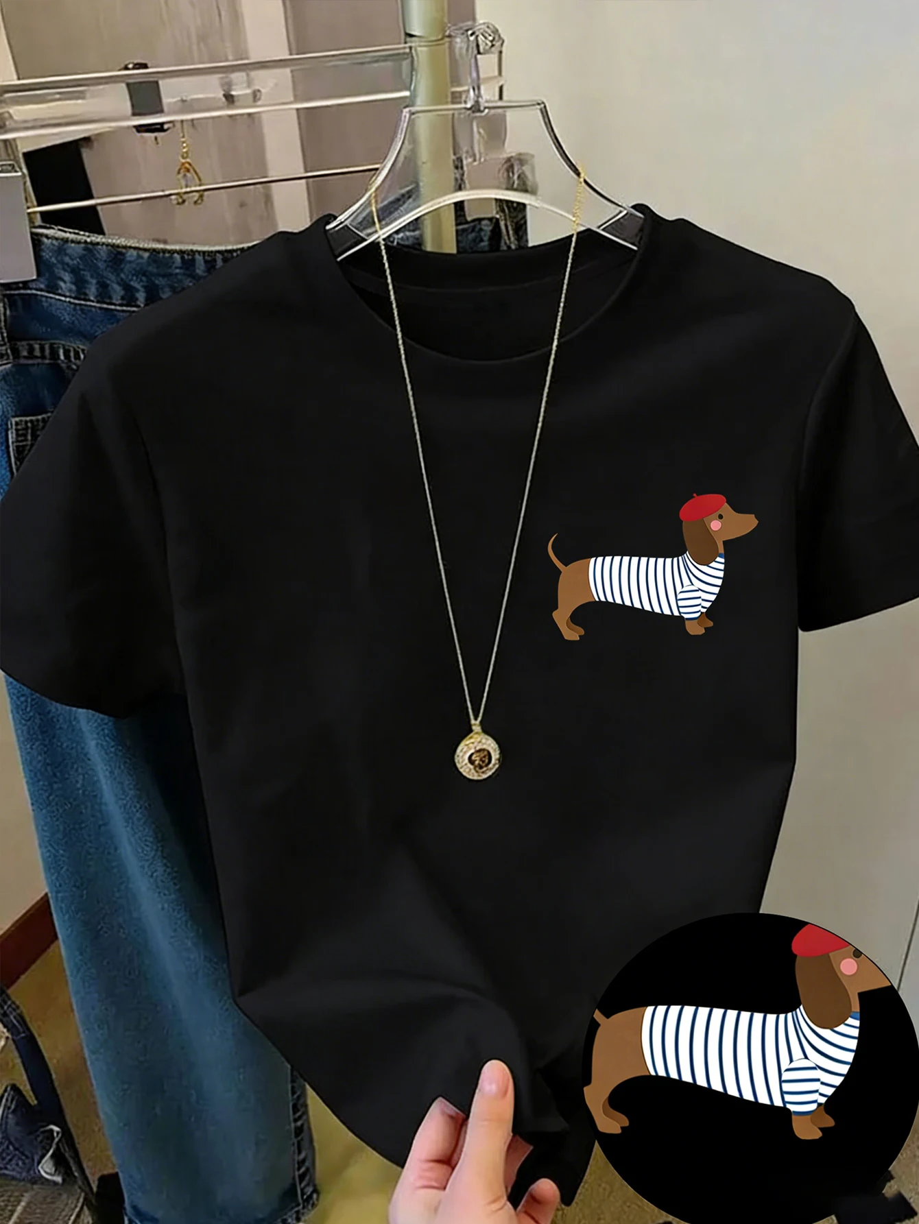 Damen-Freizeit-T-Shirt mit kurzen Ärmeln und Rundhalsausschnitt - Wiener-Hund-Print, atmungsaktiver und dehnbarer Stoff, maschinenwaschbar