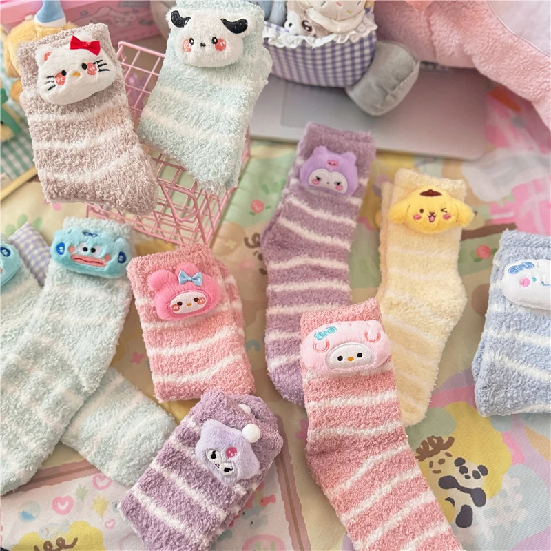 Kawaii Sanrio Hobby Kuromi Cinnamoroll Hello Kitty Cartoon Girl Coral Velvet Thickened Floor Socks Winter Warm Striped Socks