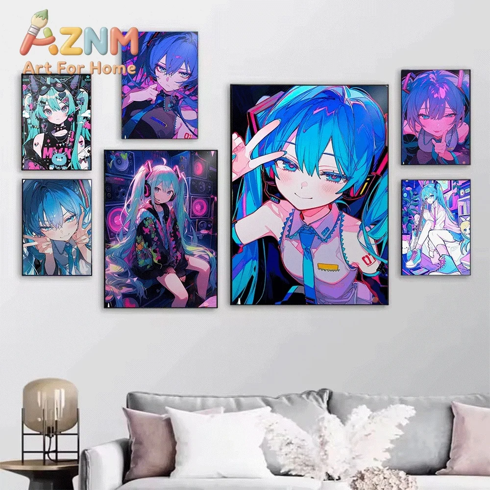 Hatsune Miku Neon Cyberpunk Streetwear Guitar Collage Canvas Painting Unframed Anime Vocaloid Wall Art Poster for Bedroom Home