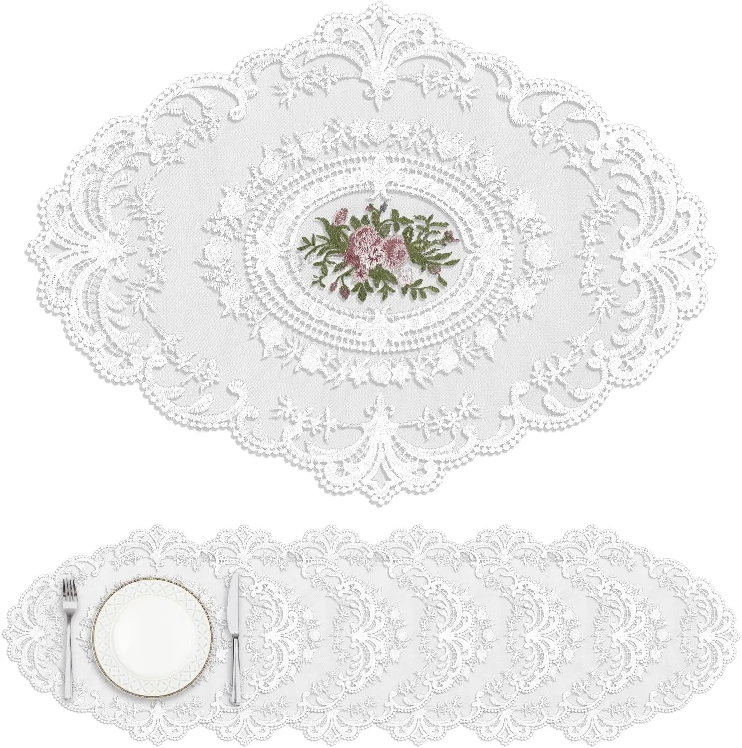 Set of 6 Lace Oval Placemats Vintage Floral Embroidered Washable Table Mats Retro French Crochet Doilies Cup Mat for Wedding