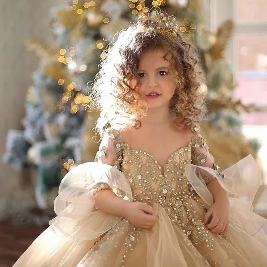 Champagne Ball Gown Flower Girls Dresses For Weddings Little Kids Toddler Pageant Dress Long Sleeves Crystal First Communio