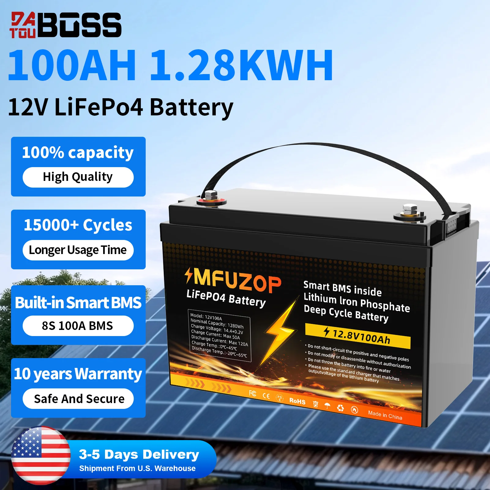 

12V 100Ah LiFePO4 Battery, Rechargeable Sealed Lithium Batteries with Deep Cycles,Built-in BMS Household Backup Power RV