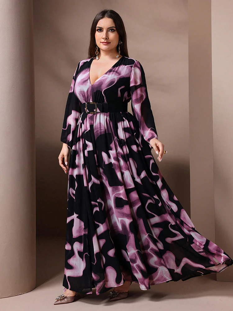 TOLEEN-V-Neck Tie Printed Dress for Women, Waist Belt Cross, Long Sleeve, Casual Elegant Party Maxi Dresses, Plus Size, New 2024