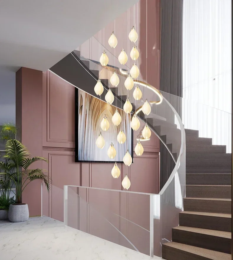 Modern LED Ceramic Magnolia Ceiling Chandeliers Stairs Villa Atmosphere Hanging Lamp High-end Living Dining Room Pendant Light