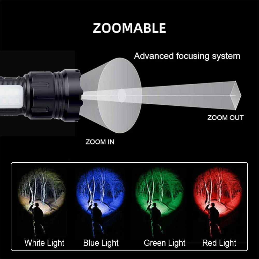 30W 4 in 1 Zoomable Hunting Flashlight 4000LM White+Green+Red+Blue 7 Modes Multi-color Outdoor Waterproof Type-C Charging Torch