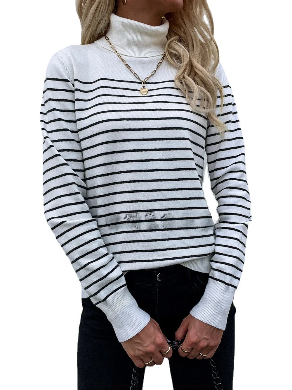 

High Ne Striped Knitwear Women's Overhead Sweater Autumn Winter New Sle Long Sve Faionable Casual Comfortable Top