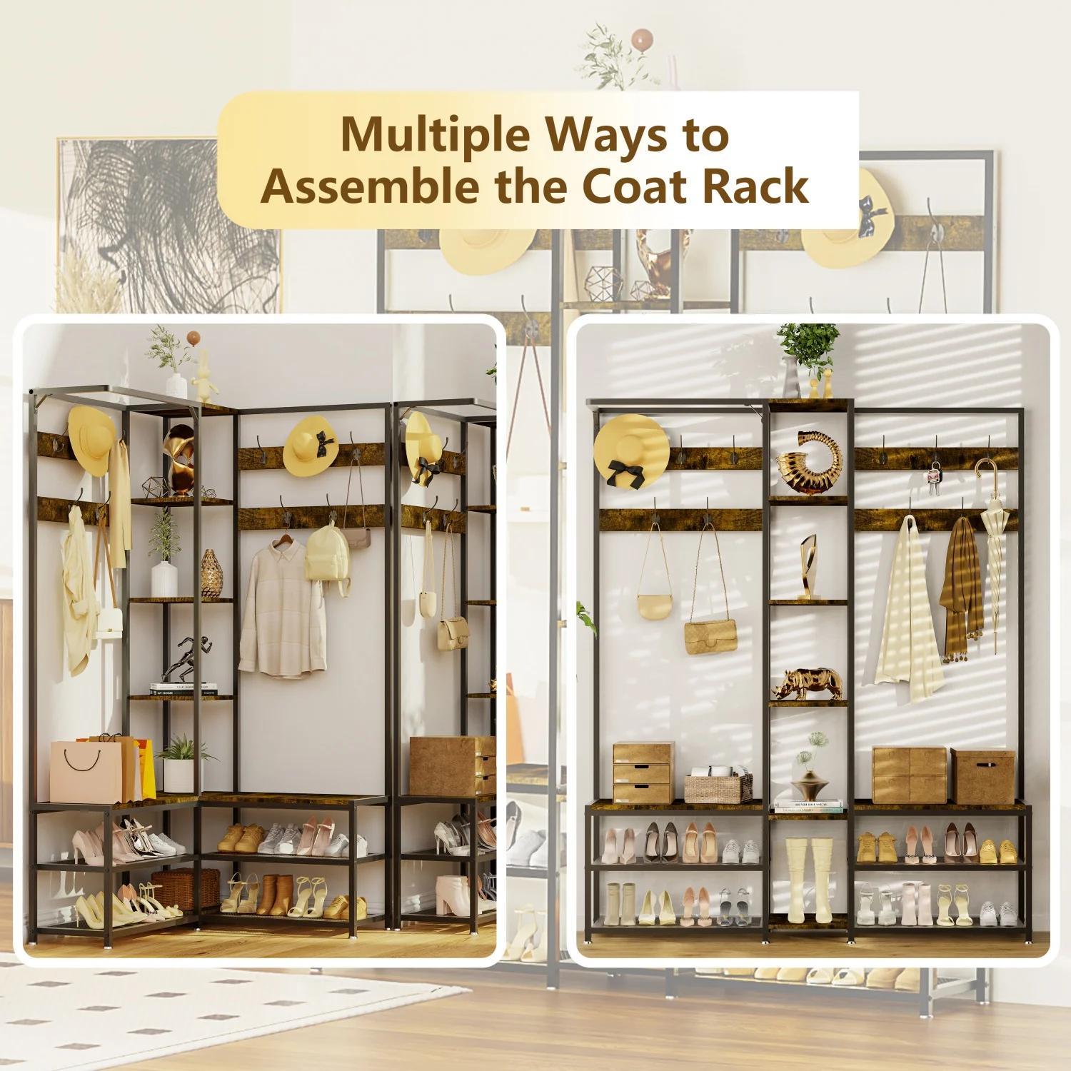 178cm Tall Hall Tree with Shoe Rack Bench and 10 Hooks Entryway Coat Rack Shoe Storage Organizer for Hallway Bedroom