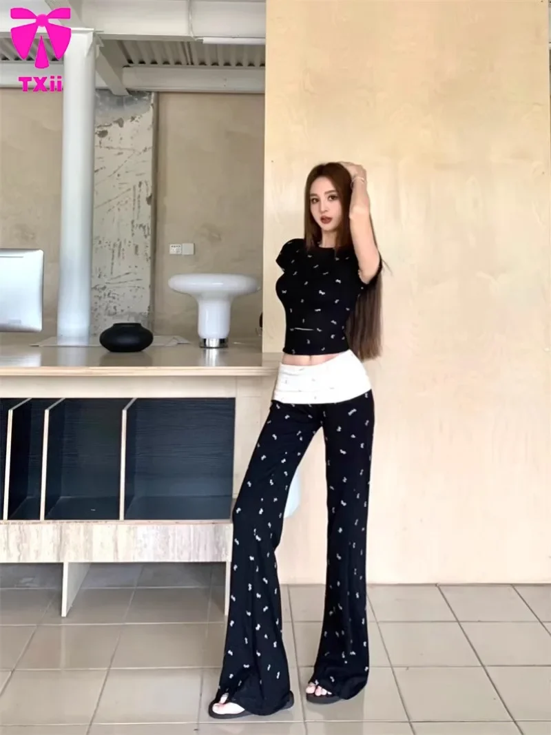 Bell bottom pants casual pants two-piece set women's clothing pure sexy spicy girl set women's summer hollow slim fit bow