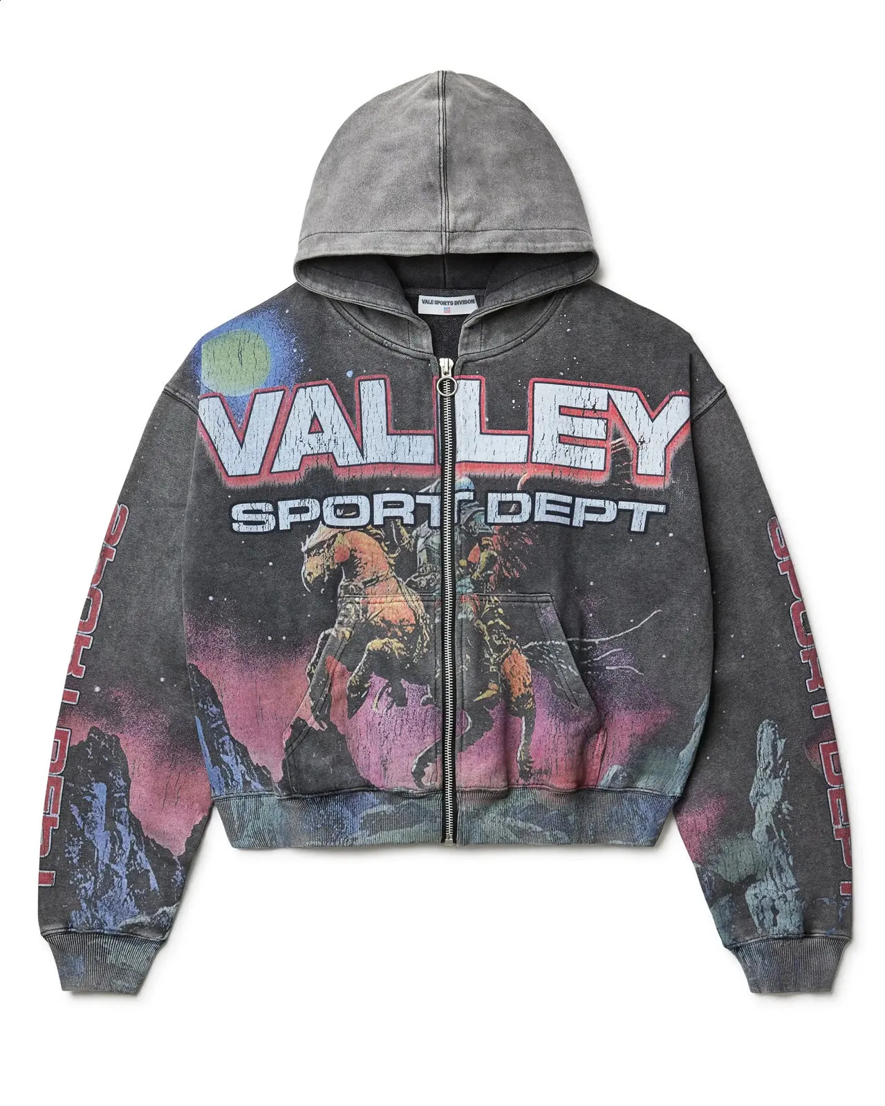 Men's Dark Grey Y2K Acid Wash Hoodie With Astro Knight & Cosmic Galaxy Print - Retro Futurism Cropped Zip-Up For Streetwear