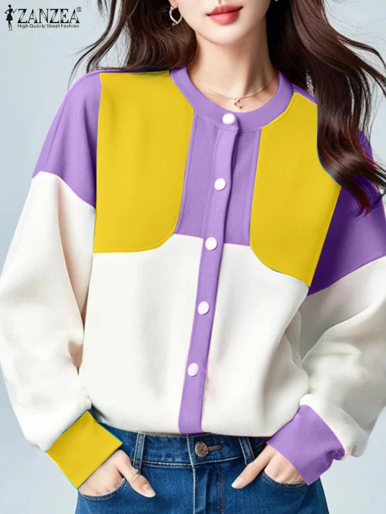 Casual Open Up Colorblock Eenvoudige Jassen ZANZEA Vrouwen Lange Mouwen Jassen 2024 Herfst Ronde Hals Outfits Mode Patchwork Tops