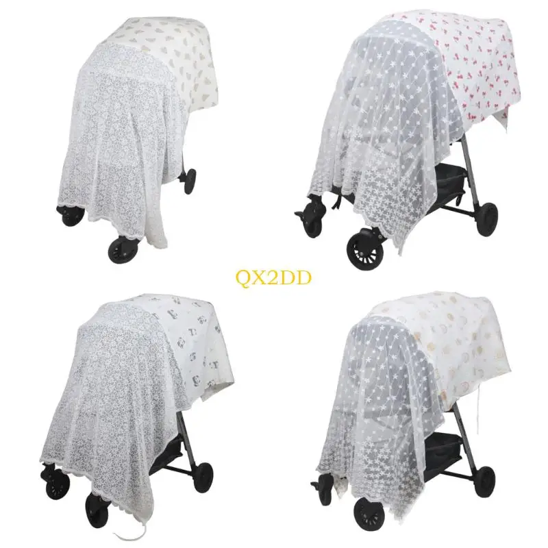 

QX2D Windproof Cotton Polyester Baby Strollers Fly Net Full Enclosure Breathable Sunshade Embroidered Blanket