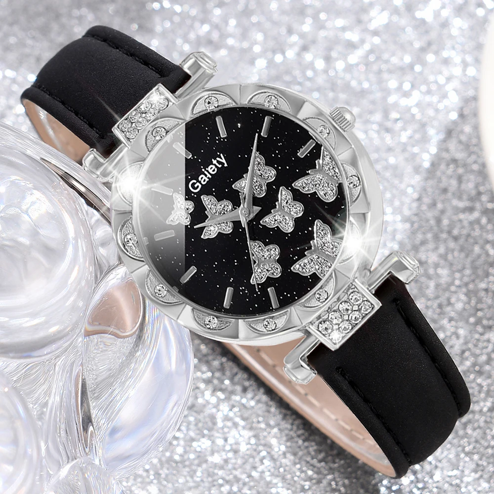 6PCS/Set Black Women Watch Luxury Rhinestone Quartz Wristwatch Butterfly Element Dial Watch Butterfly Jewelry Set Gift For Girls