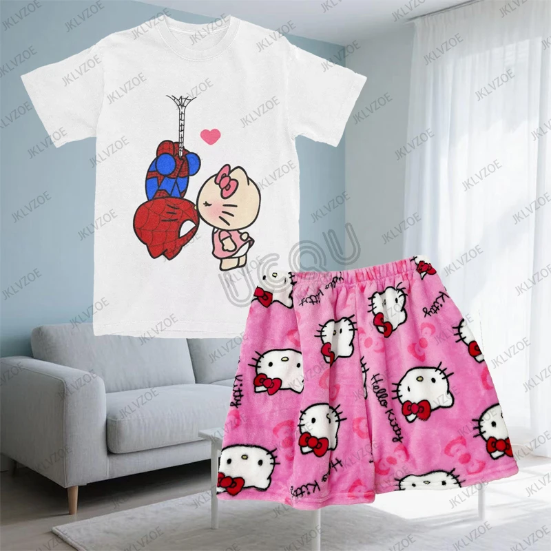 

Women's Tracksuit Cute Hello Kitty Spiderman Print Summer T-shirt+Shorts Pajamas Sets Couple Casual Suit Fashion 2 Piece Outfits