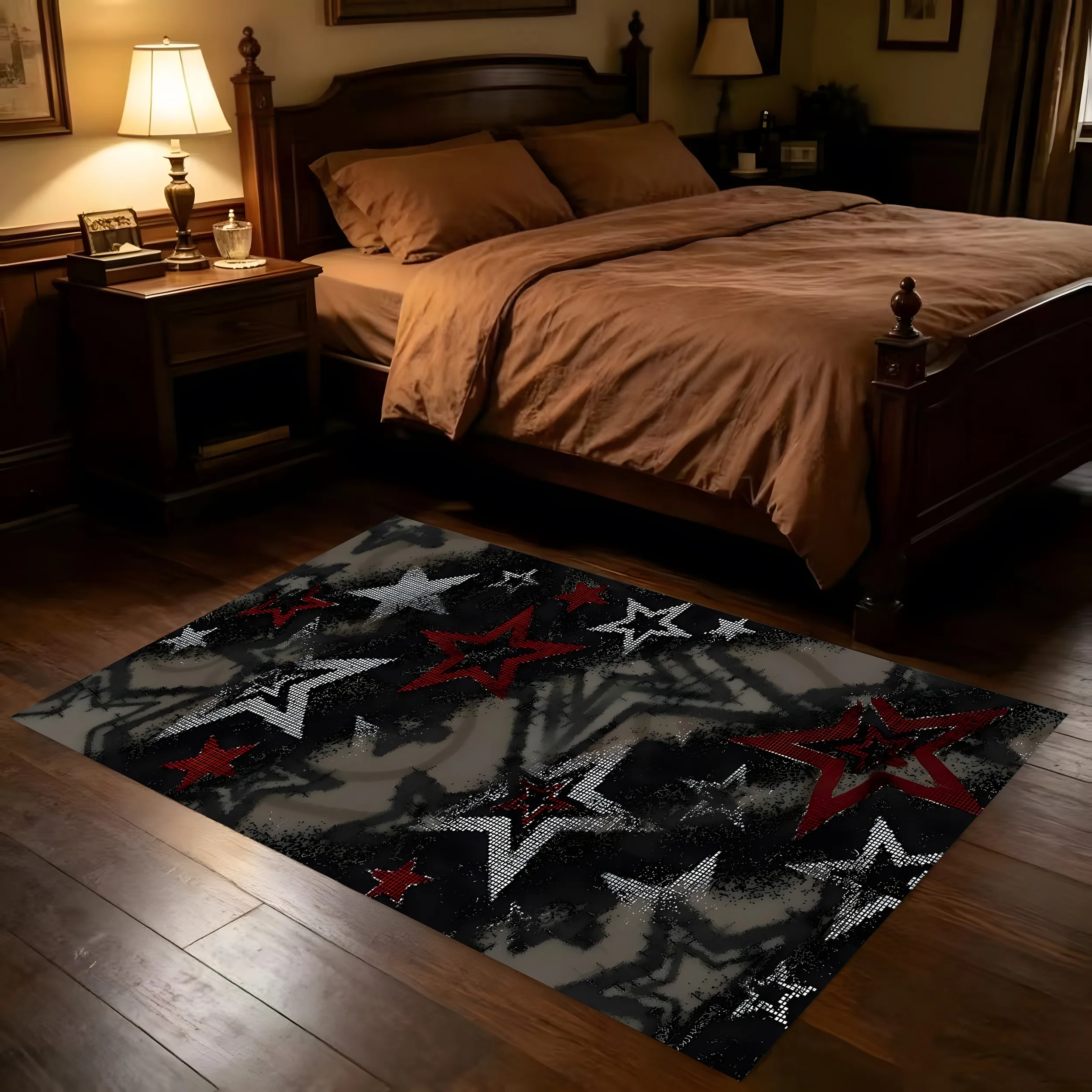 Graffiti-Style Color Blocking Five-Pointed Star Trendy Street Style, Suitable for Christmas and New Year, Perfect for Gaming Rooms, Bedrooms, Bedside, and Living Rooms A Velvet Rug Can Create a Unique, Eye-Catching, and Trendy Soft Furnishing Atmosphere.