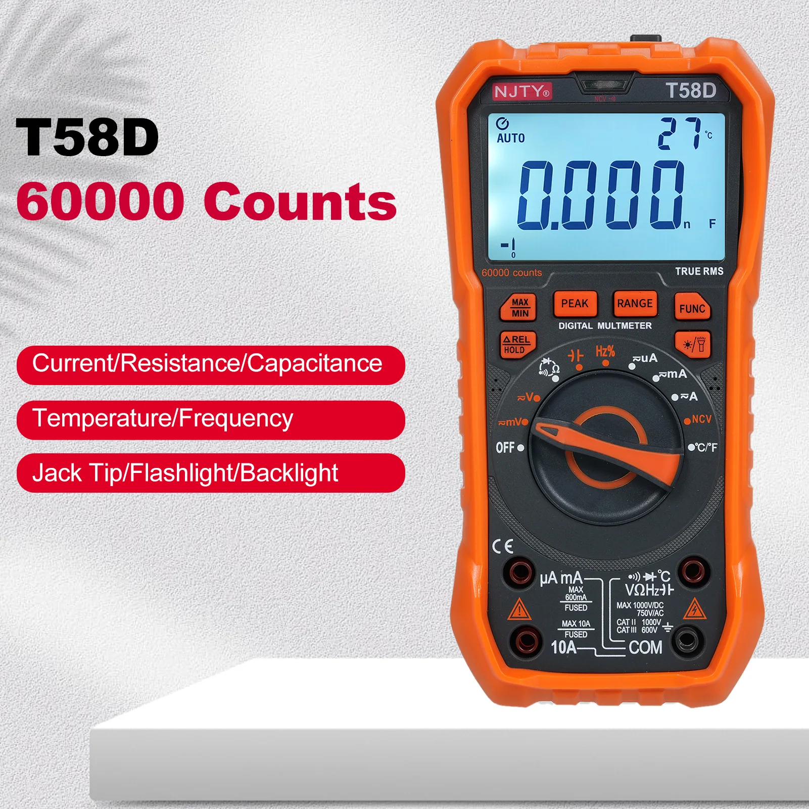 NJTY T58D Digital Multimeter 60000 Counts Multimetro AC/DC Voltage Meter Capacitance Professional Electrician Tools