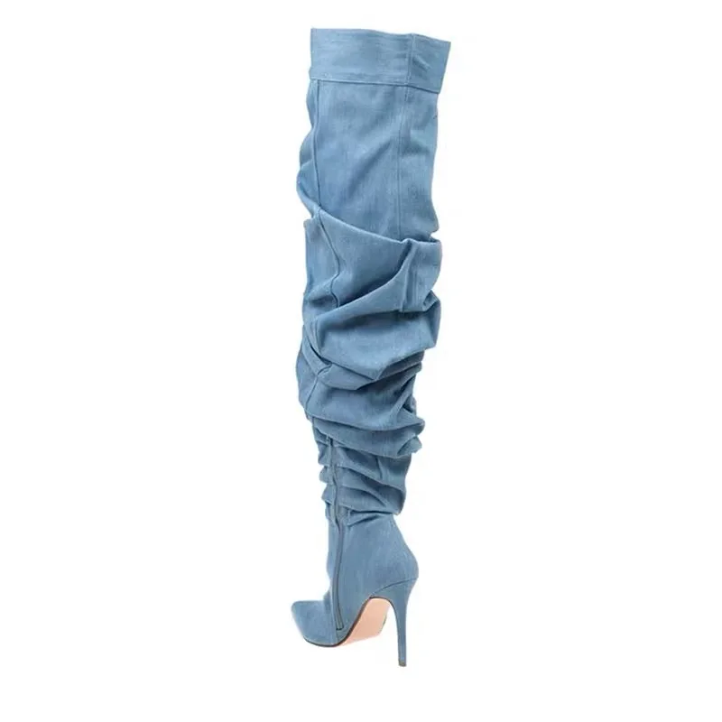 2023 Autumn Winter Women Thigh High Boots Blue Denim Slouchy Over The Knee Boots Side Zipper Pointed Toe High Heels Women Boots