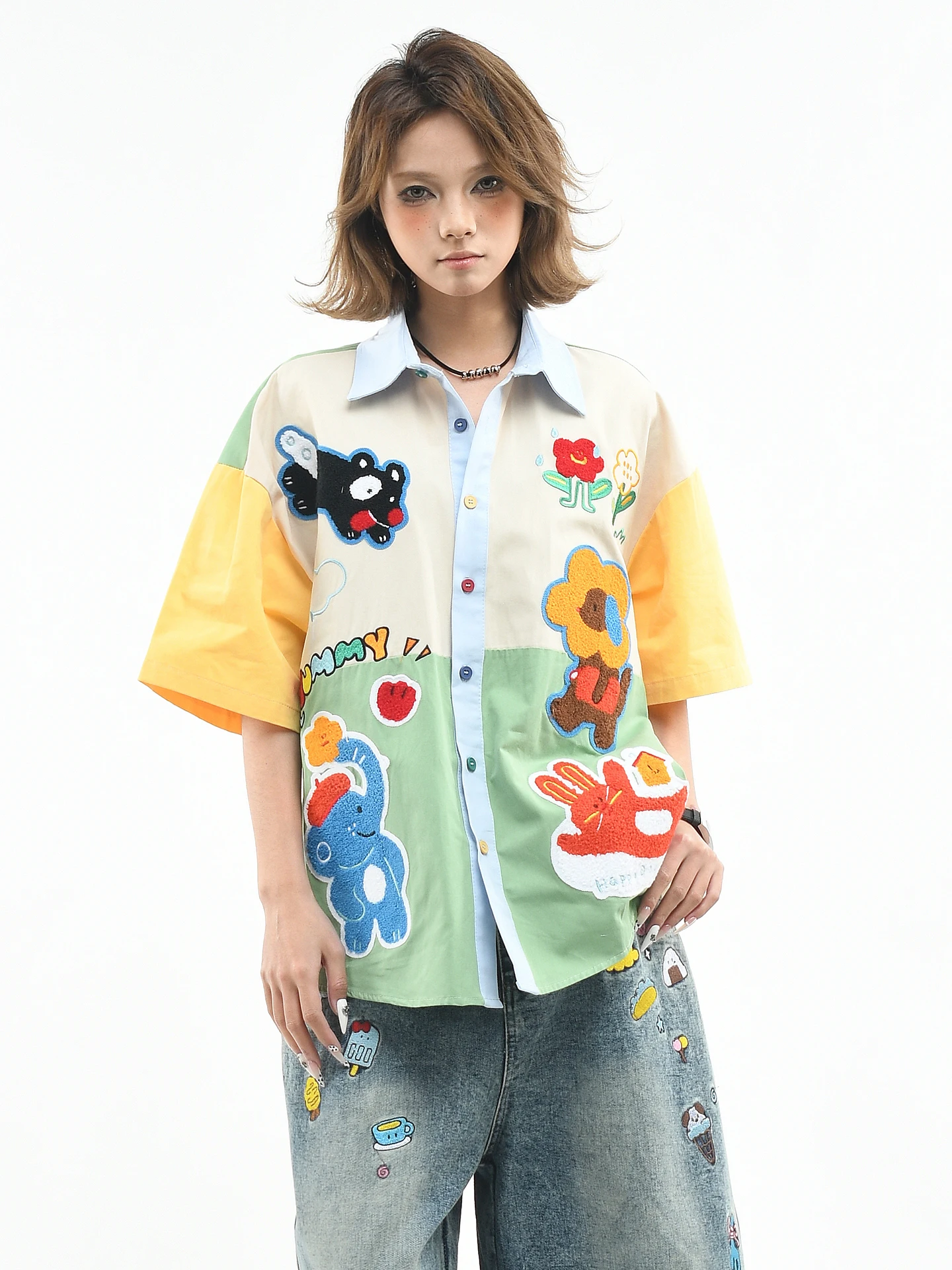 

OV Original Cartoon Embroidered Loose Short Sleeve Shirt Women Summer Contrast Color Patchwork Couple Fashion Cotton Shirt