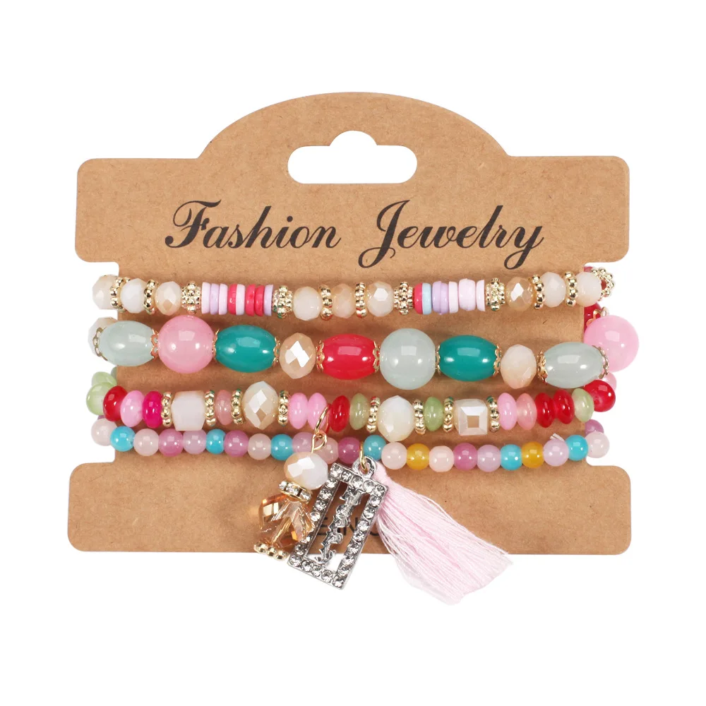 Nouvel ensemble de bracelets bohèmes empilables à pampilles et perles pour femme, avec breloque lettre joyeuse, bijoux fantaisie d'été, accessoire de mode pour la main
