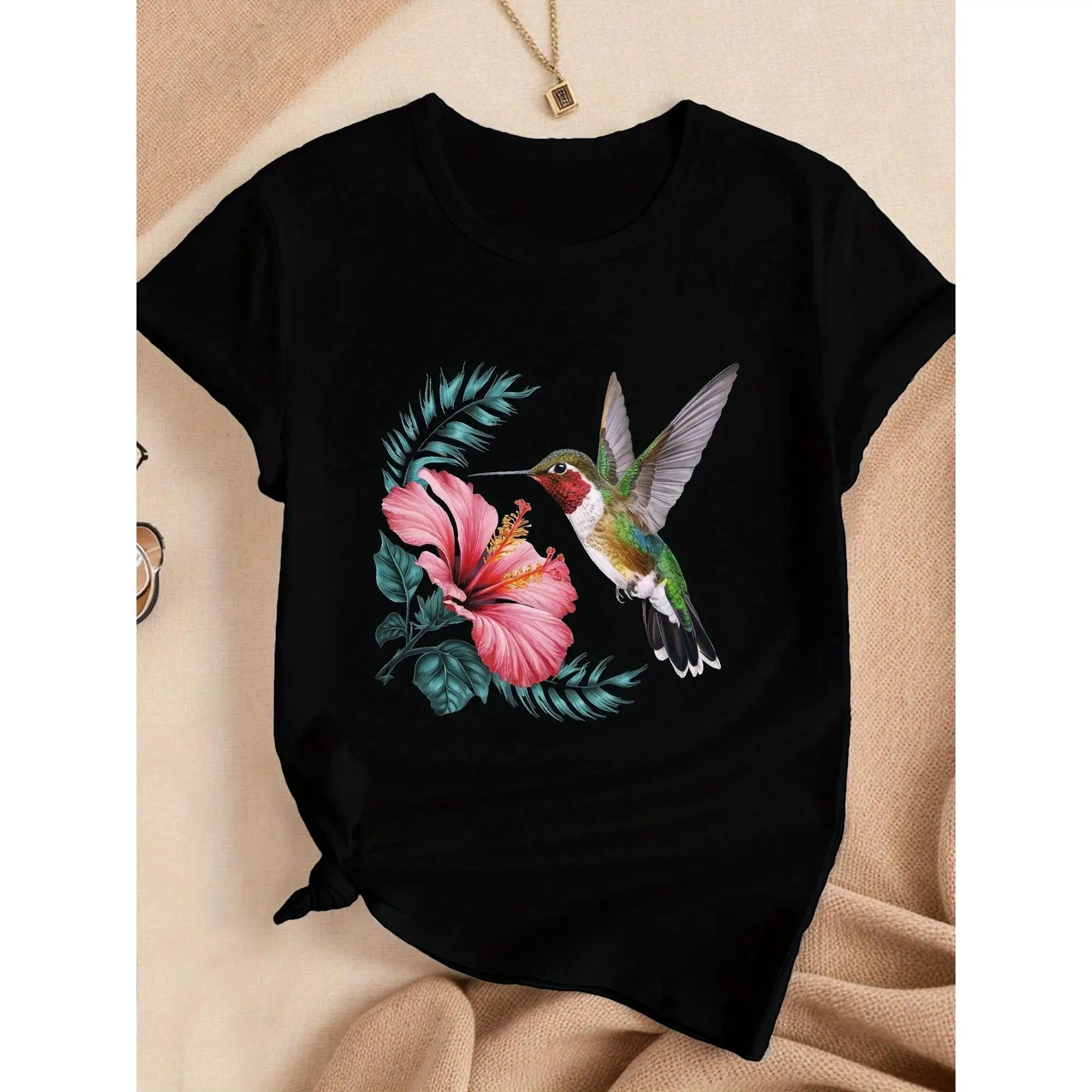 

Women'S Hummingbird & Hibiscus Graphic Tee - Soft, Short Sleeve, Crew Neck Casual Top