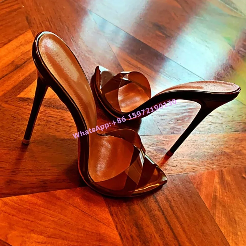 

Прозрачные коричневые тапочки без шнуровки на высоком каблуке, пикантные туфли для отдыха с острым носком, женская вечерняя модная обувь высокого качества 2025