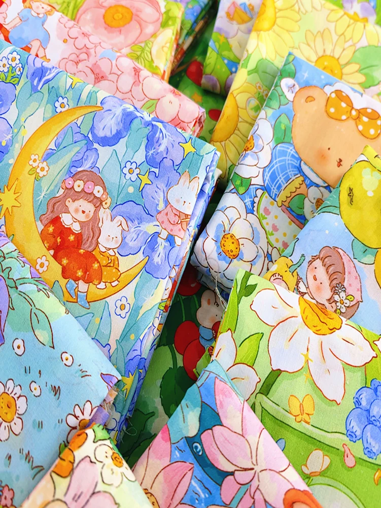 Cotton Fabric 40s Sweet Healing Cartoon Illustration for Sewing Dress Pajamas Home Handmade by Half Meter