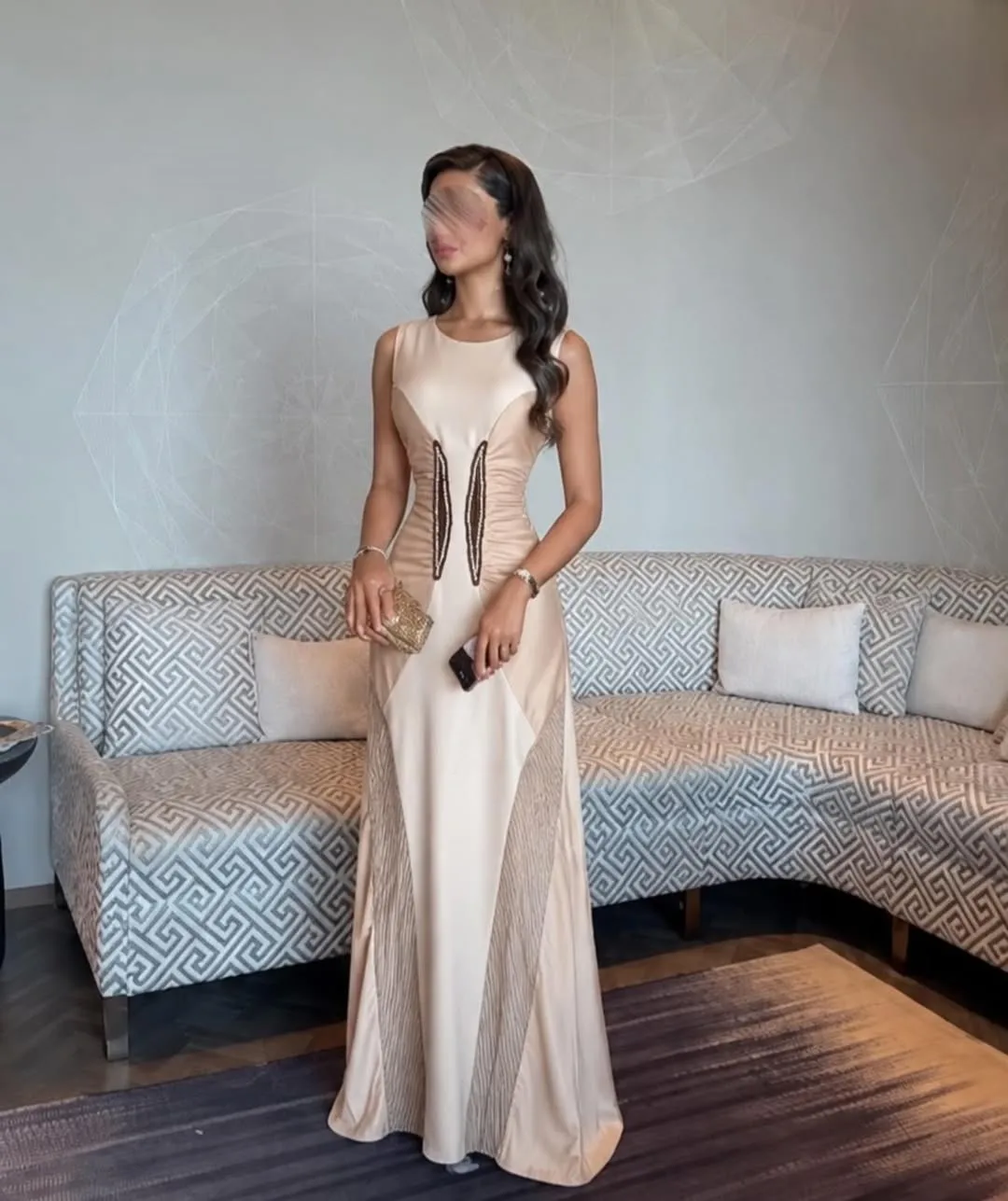 Customized Champagne Round Neck Sleeveless Patchwork Ruched A‑Line Gowns Floor Length Formal Occasion Prom Dresses
