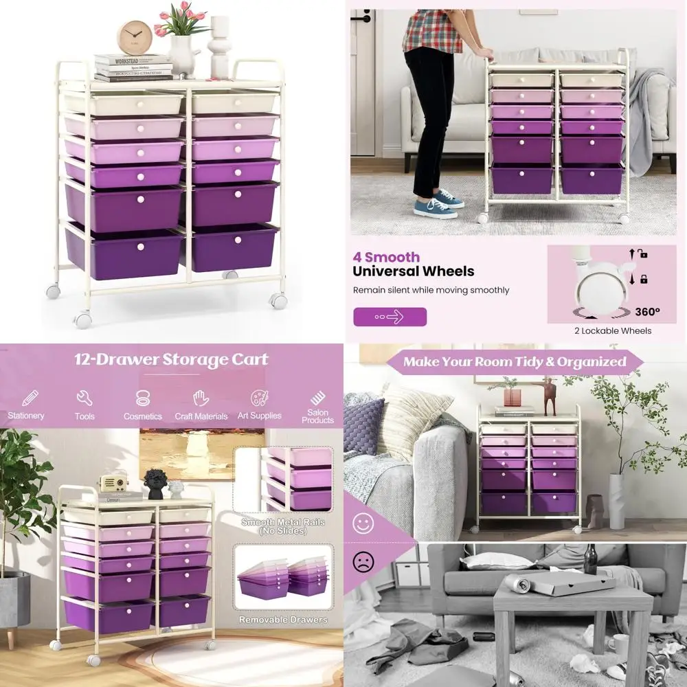

Large Rolling Craft Storage Cart with 12 Drawers, Metal Frame Organizer on Wheels, High Capacity Smooth Drawers for Living Room
