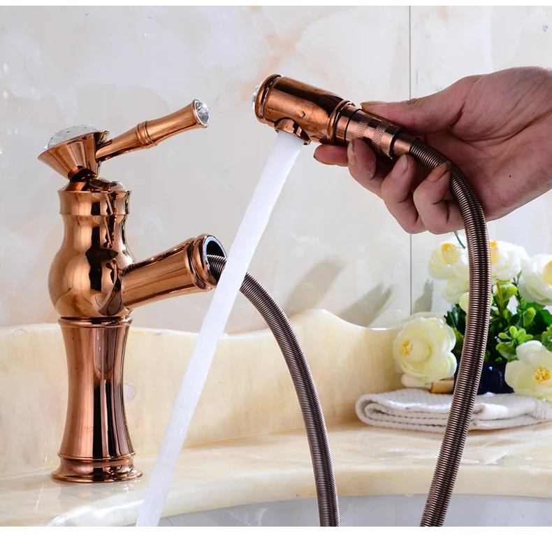 5 Color Kitchen pull out type faucet mixer Rose Gold, all copper sinks washing hot and cold water tap,Vintage shower faucet gold