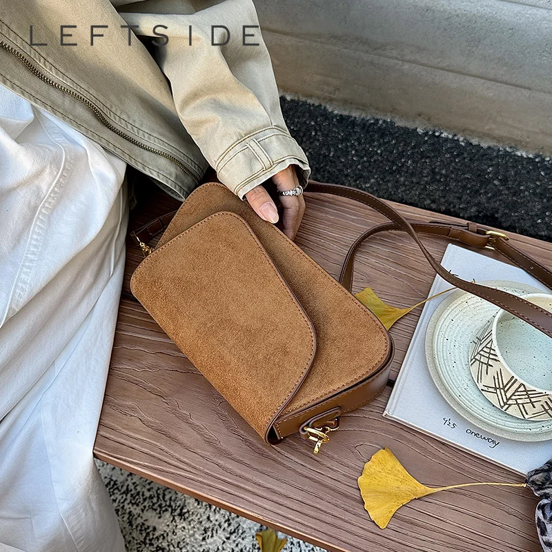 LEFTSIDE Vintage Faux Suede Flap Shoulder Bag 2026 Winter New Trend Retro Women Small Crossbody Bags Female Fashion Handbag
