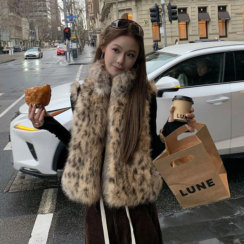Streetwear Leopard Cropped Vest Women Y2K Faux Fur American Sleeveless Jacket Stand Collar Vintage Casual Hottie Female Outwear