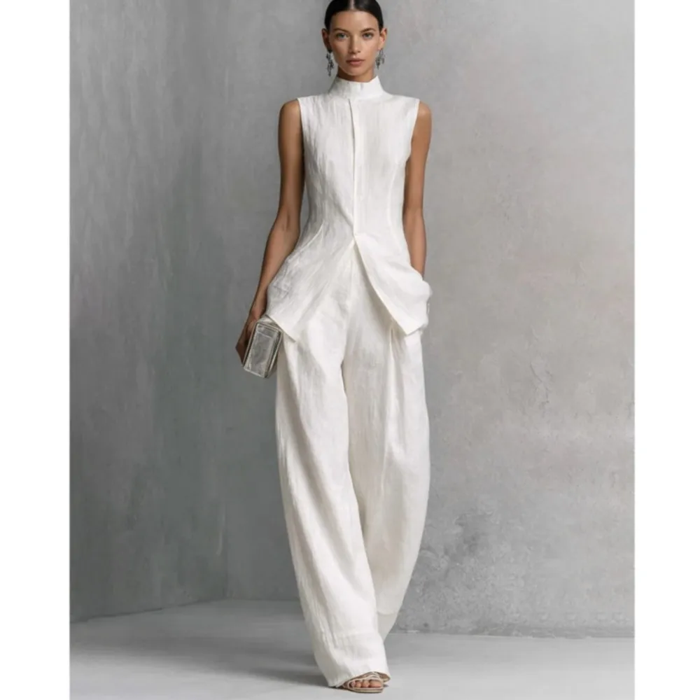 Fashion Stand-up Collar Sleeveless Tops Trousers 2 Piece Set Summer New Slim Elegant Wide-leg Trousers Female Office Suit 2026 - view 4