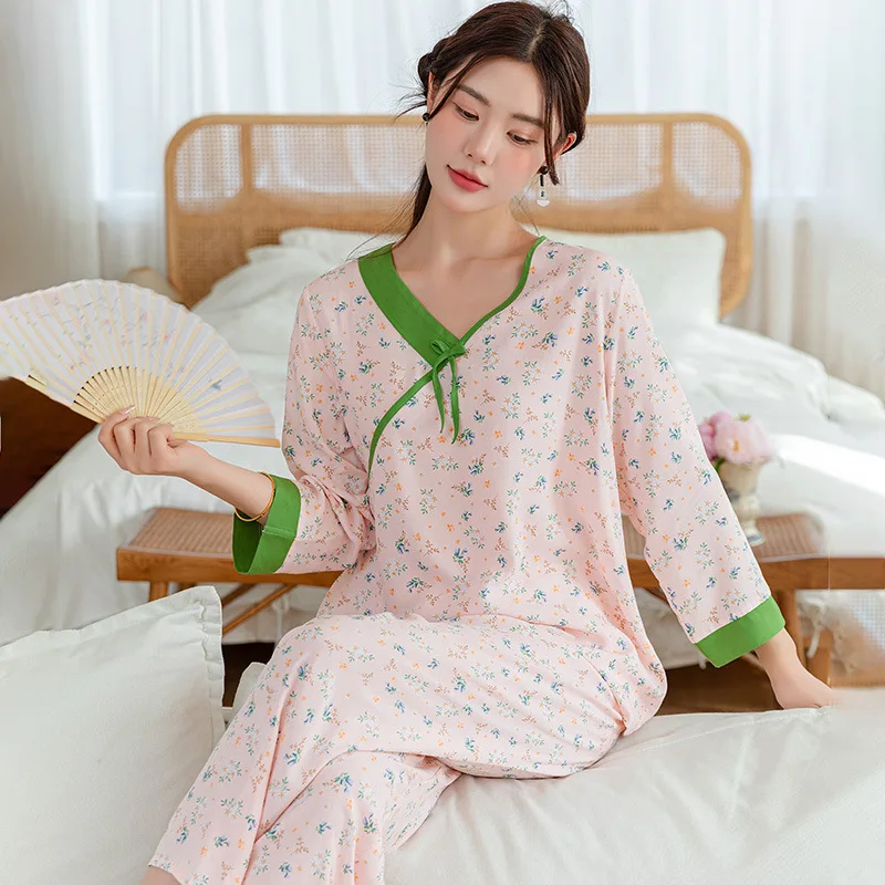 Retro Chinese Style Women\'s Nightwear Summer New Short Sleeve Trousers Sleepwear Pajamas Set Sleep Suit Casual Home Clothes