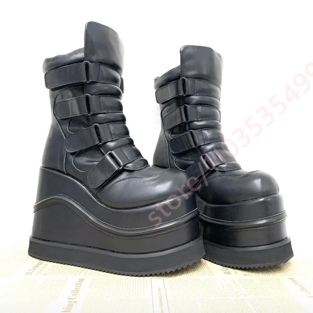 2026 Padded Platform Ankle Boots 2026 Round Multi‑Wide Hook & Loop Straps Wedge Heel Y2K Gothic Punk Street Fashion Short Boots