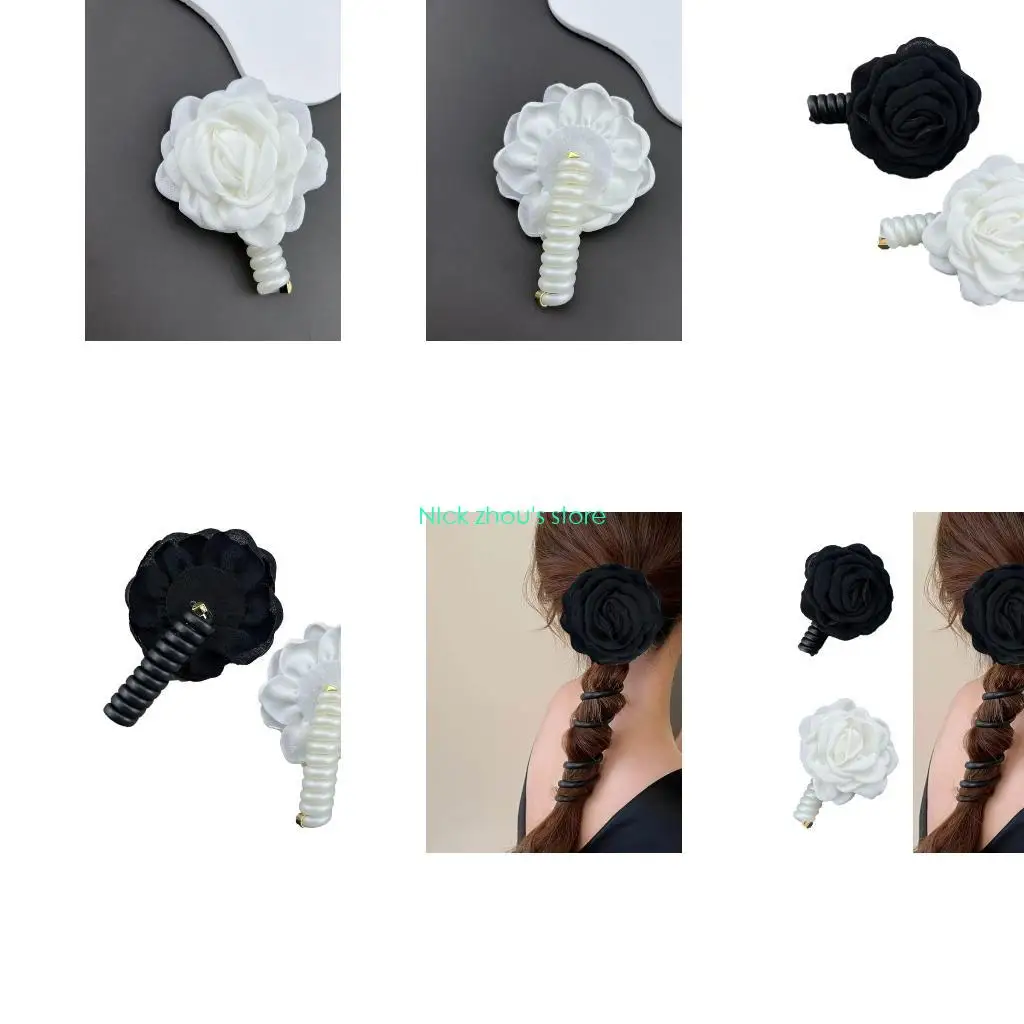 E15E Pack of 2 Camellia Shaped Hair Bands Colorful Women Hair Tie Stretchy Ponytail Holders Telephone Line Hairbands Jewelry