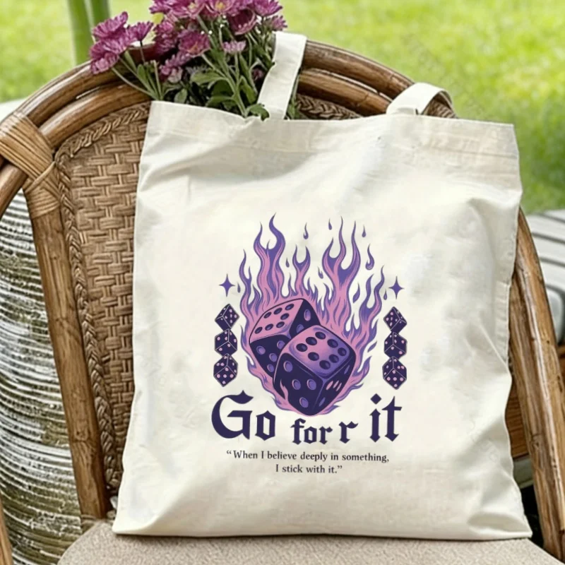 

1PC "Go for it" Flaming Dice Canvas Tote Eco-friendly Reusable Shoulder Bag