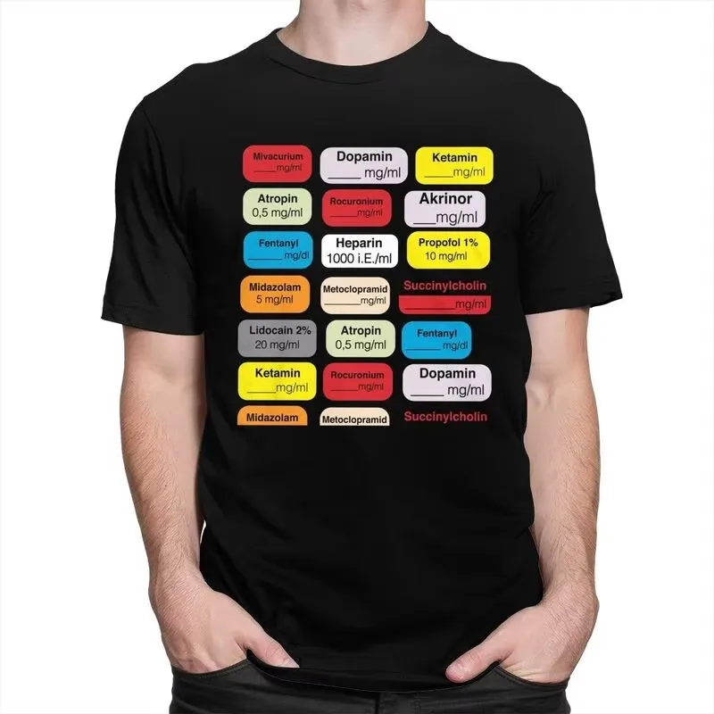 Anesthesia Medication Labels Print T-Shirt for Men Pure Cotton Short Sleeve Fashion Tee