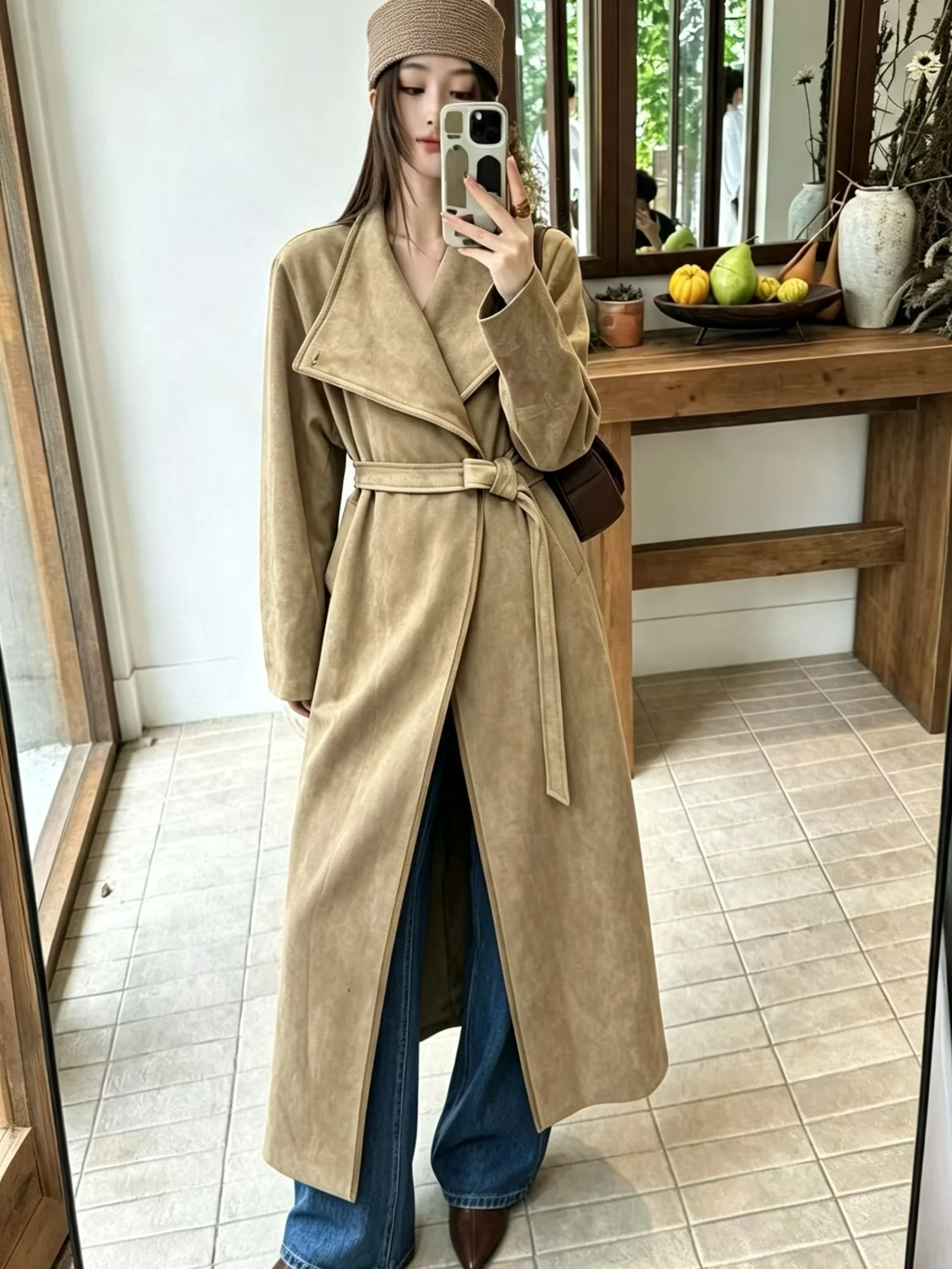 PUAL Women Faux Suede Wrap Long Coat, Lapel & Stand Collar 2‑Style Belted Loose Vintage Outerwear