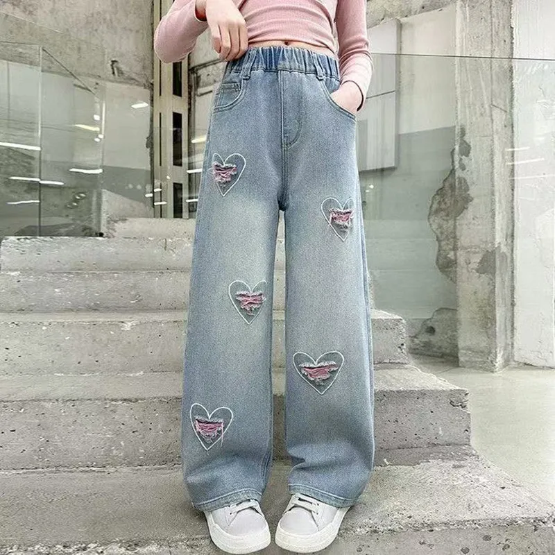 Spring Autumn Girls Jeans Pink Heart-shaped Hole Design Hole Loose Pants For 5-14 Years Teen Girls Stylish Denim Wide Leg Pants