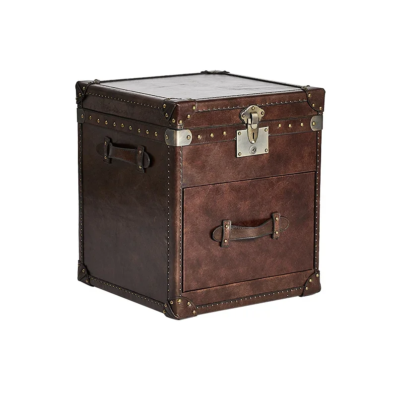 

Medieval oil wax leather American side cabinets leather storage box decoration bedside table retro
