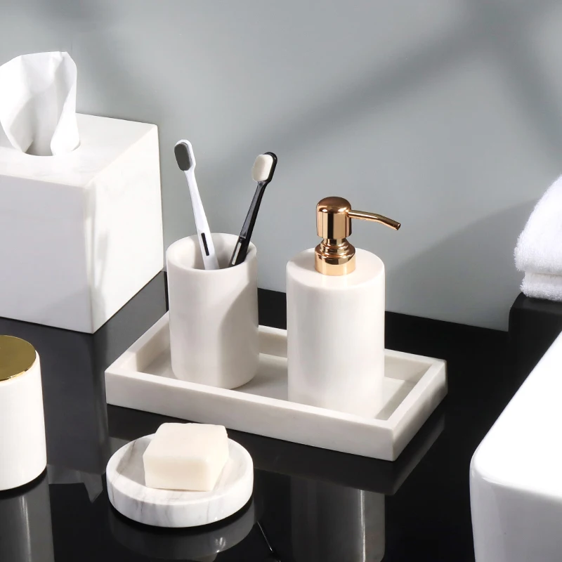 White Volakas Natural Marble Bathroom Accessories Set Stone Soap Dish Toothbrush Case Soap Dispenser Set for Bathroom