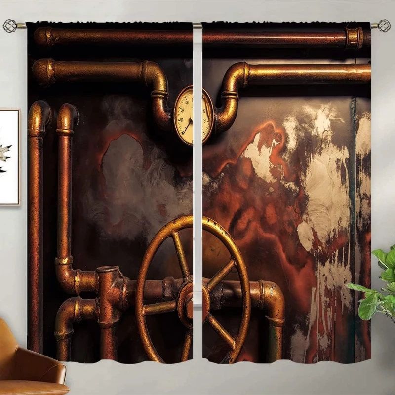 Steampunk Blackout Curtains Home Decor,Vintage Steampunk steam Pipes Pressure Rod Pocket Thermal Insulated Drapes Darkening