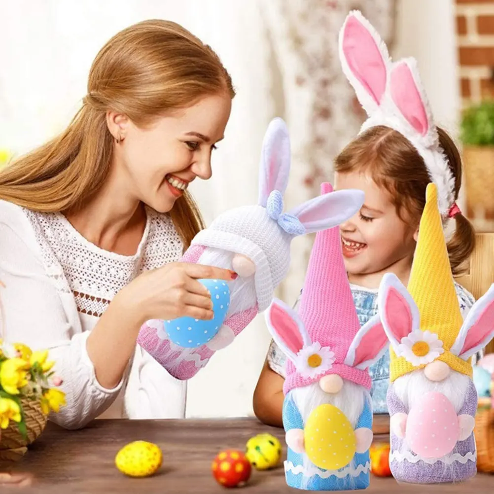 3Pcs Easter Bunny Gnome Set Long Hat Decorative Gnome Ornaments for Desktop Bookshelf Garden Easter Festival Decor