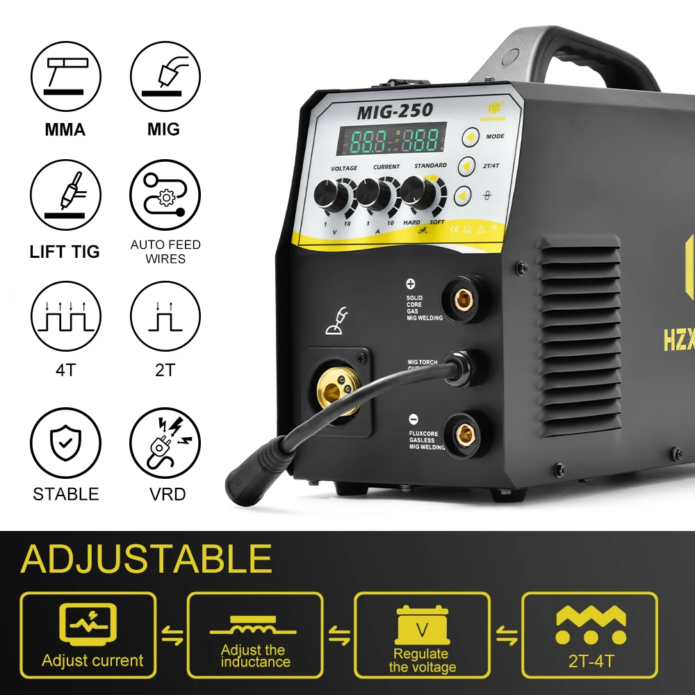 HZXVOGEN 4 IN 1 MIG ARC TIG Welder Gas Gasless 2T 4T 220V IGBT MIG Welder INVERTER TIG MMA Stick Semi-automatic Welding Machine